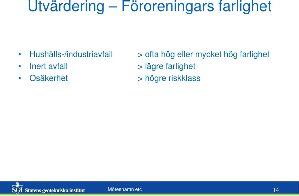 mycket hög farlighet Inert avfall > lägre