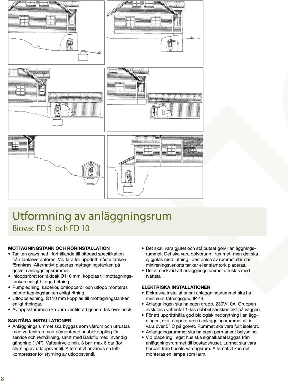 Inloppsröret för råkloak Ø110 mm, kopplas till mottagningstanken enligt bifogad ritning. Pumpledning, kabelrör, omloppsrör och utlopp monteras på mottagningstanken enligt ritning.