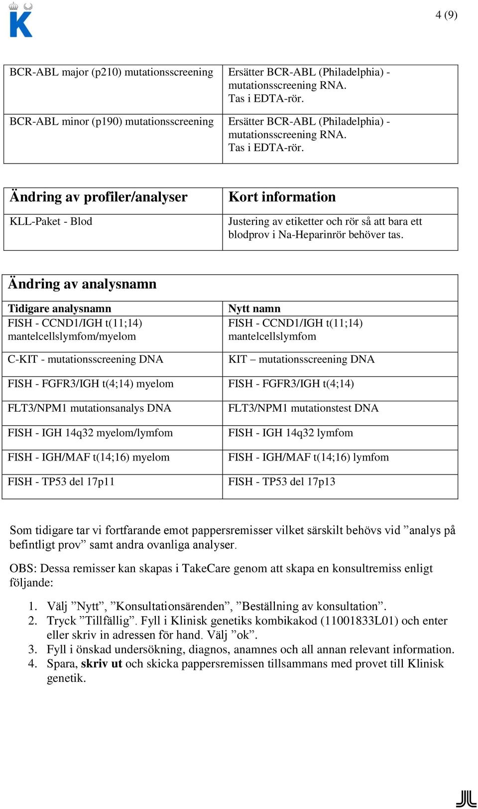 Ändring av profiler/analyser KLL-Paket - Blod Justering av etiketter och rör så att bara ett blodprov i Na-Heparinrör behöver tas.