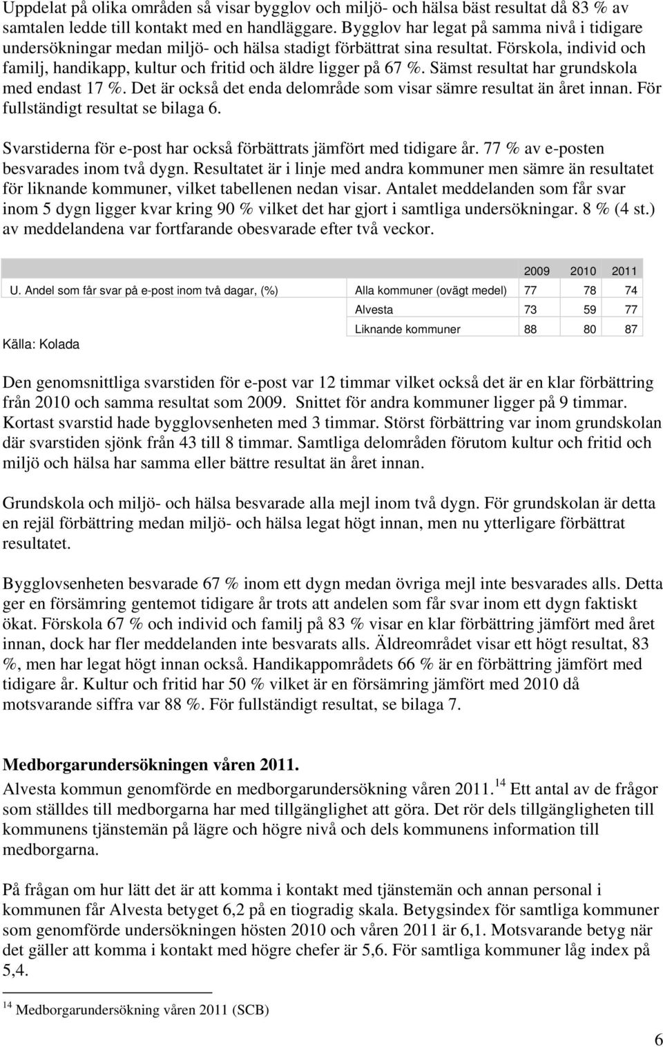 Sämst resultat har grundskola med endast 17 %. Det är också det enda delområde som visar sämre resultat än året innan. För fullständigt resultat se bilaga 6.