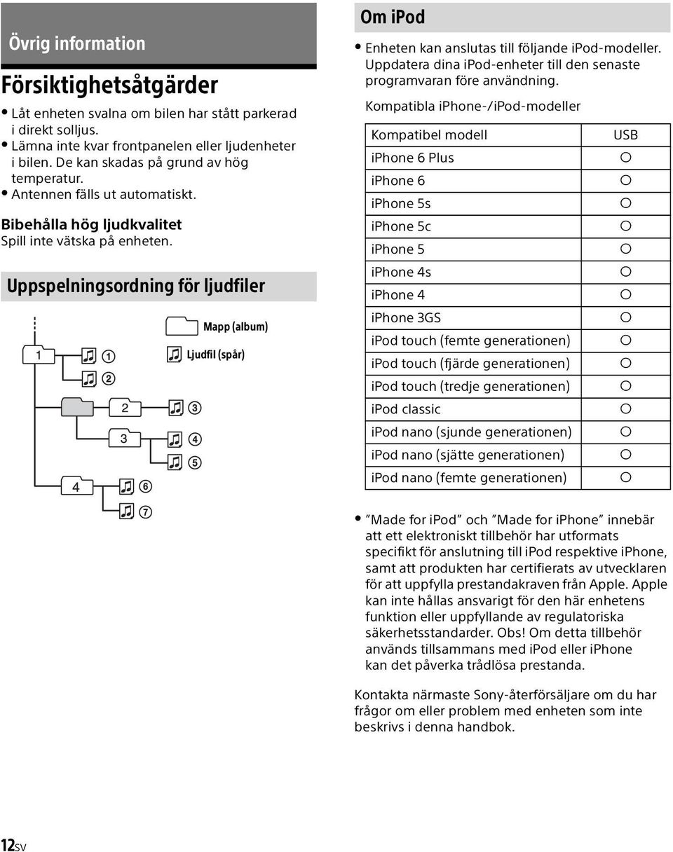 Uppspelningsordning för ljudfiler Mapp (album) Ljudfil (spår) Om ipod Enheten kan anslutas till följande ipod-modeller. Uppdatera dina ipod-enheter till den senaste programvaran före användning.