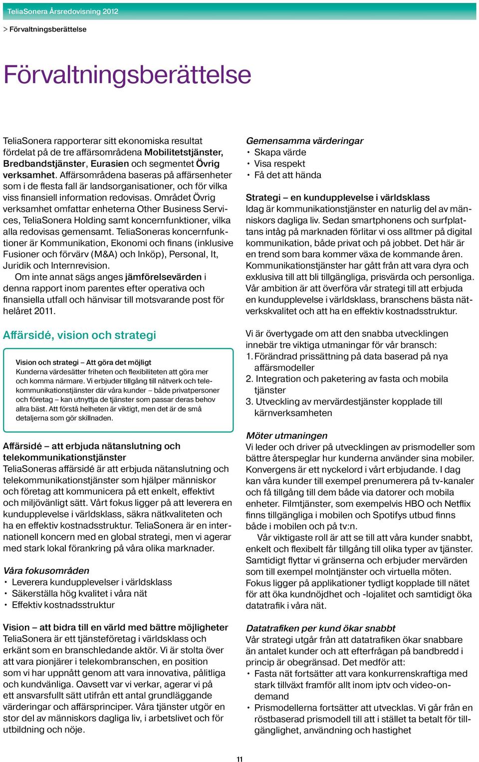 Området Övrig verksamhet omfattar enheterna Other Business Services, TeliaSonera Holding samt koncernfunktioner, vilka alla redovisas gemensamt.