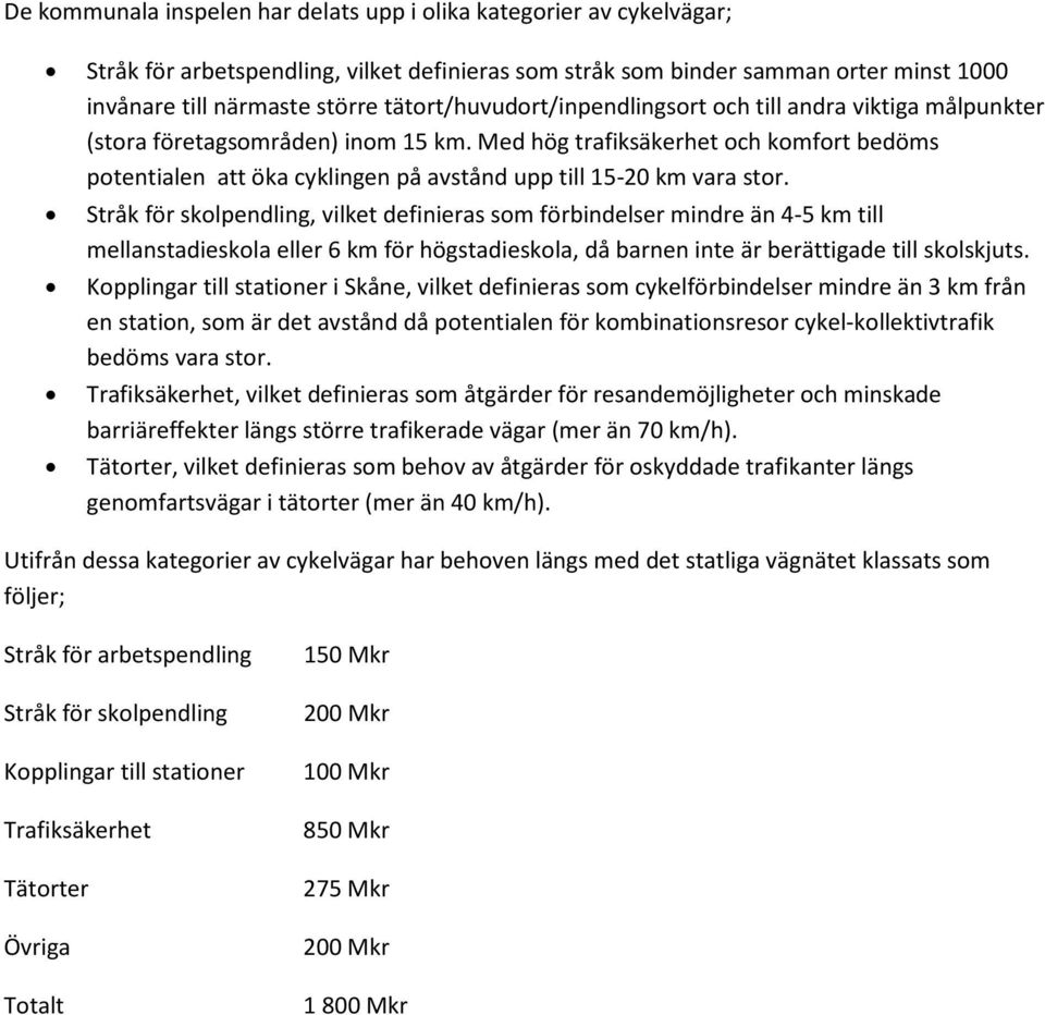 Med hög trafiksäkerhet och komfort bedöms potentialen att öka cyklingen på avstånd upp till 15-20 km vara stor.