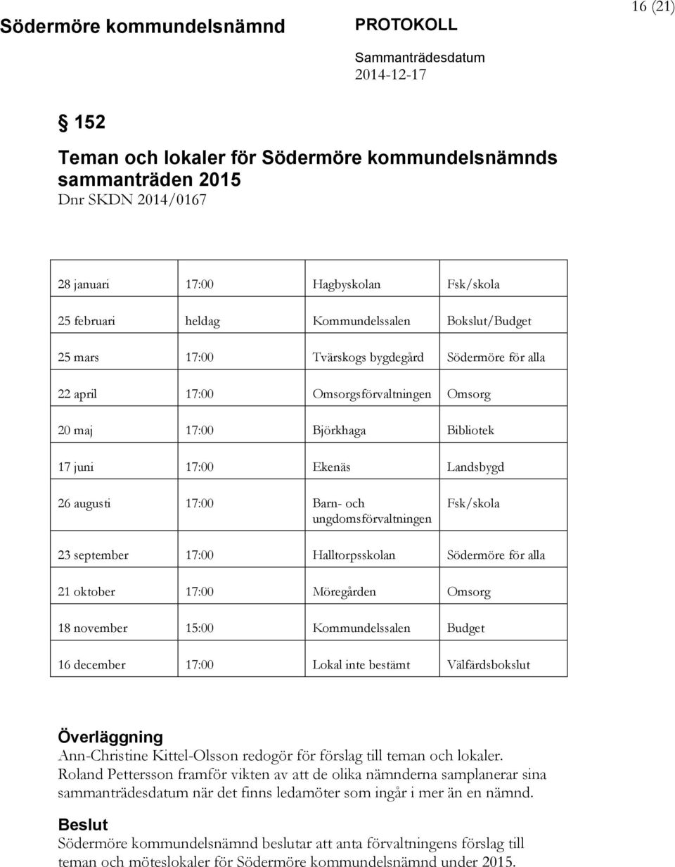 Fsk/skola 23 september 17:00 Halltorpsskolan Södermöre för alla 21 oktober 17:00 Möregården Omsorg 18 november 15:00 Kommundelssalen Budget 16 december 17:00 Lokal inte bestämt Välfärdsbokslut