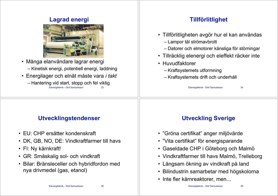 Huvudfaktorer Kraftsystemets utformning Kraftsystemets drift och underhåll Elenergiteknik - Olof Samuelsson 34 Utvecklingstendenser Utveckling Sverige EU: CHP ersätter kondenskraft DK, GB, NO, DE: