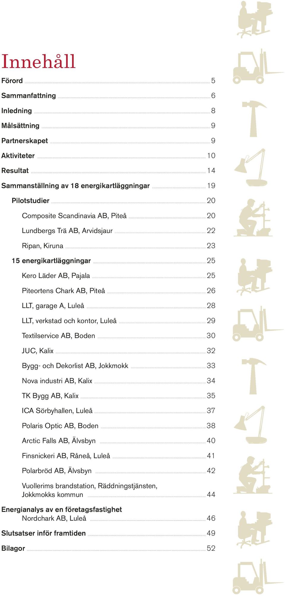 ..26 LLT, garage A, Luleå...28 LLT, verkstad och kontor, Luleå...29 Textilservice AB, Boden...30 JUC, Kalix...32 Bygg- och Dekorlist AB, Jokkmokk...33 Nova industri AB, Kalix...34 TK Bygg AB, Kalix.