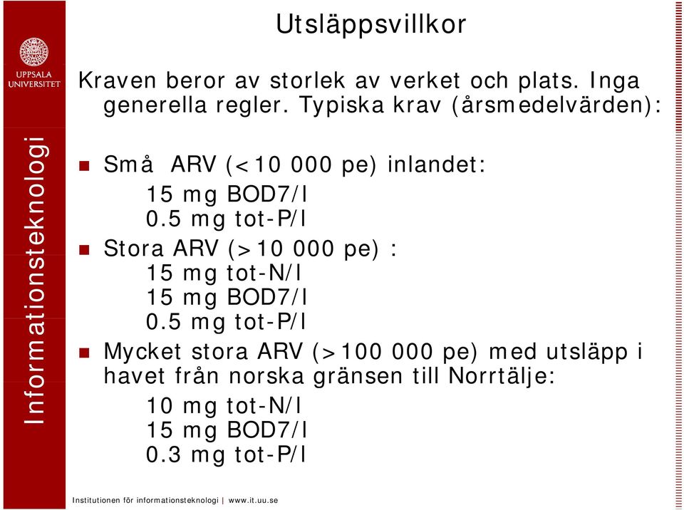 5 mg tot-p/l Stora ARV (>10 000 pe) : 15 mg tot-n/l 15 mg BOD7/l 05 0.