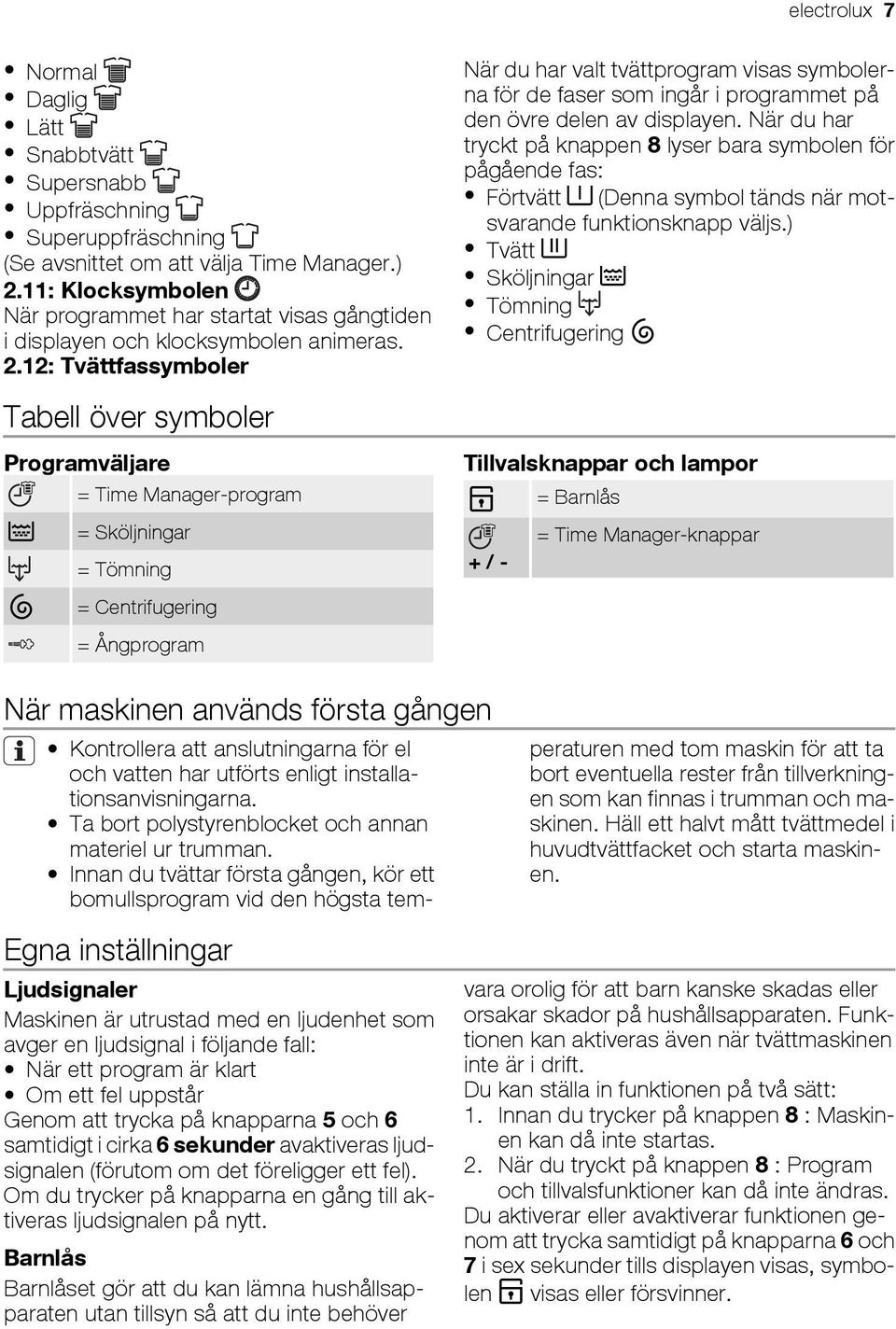 12: Tvättfassymboler Tabell över symboler Programväljare = Time Manager-program = Sköljningar = Tömning = Centrifugering = Ångprogram När du har valt tvättprogram visas symbolerna för de faser som