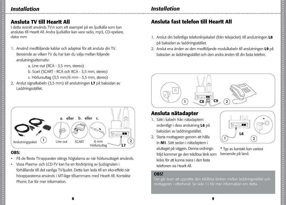 Beroende av vilken TV du har kan du välja mellan följande anslutningsalternativ: a. Line out (RCA - 3,5 mm, stereo) b. Scart (SCART - RCA och RCA - 3,5 mm, stereo) c.