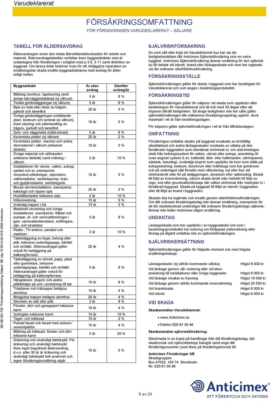 Åldersavdragstabellen omfattar även byggnadsdelar som är undantagna från försäkringen i enlighet med p 3.9, 3.11 samt definition av byggnad.