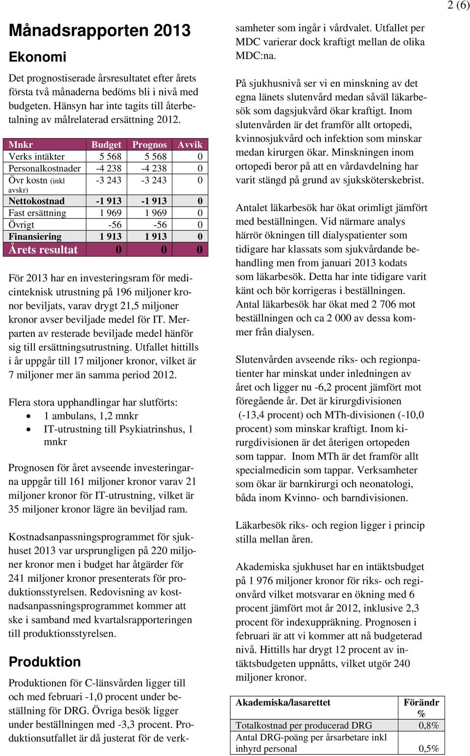 Mnkr Budget Prognos Avvik Verks intäkter 5 568 5 568 0 Personalkostnader -4 238-4 238 0 Övr kostn (inkl avskr) -3 243-3 243 0 Nettokostnad -1 913-1 913 0 Fast ersättning 1 969 1 969 0 Övrigt -56-56 0