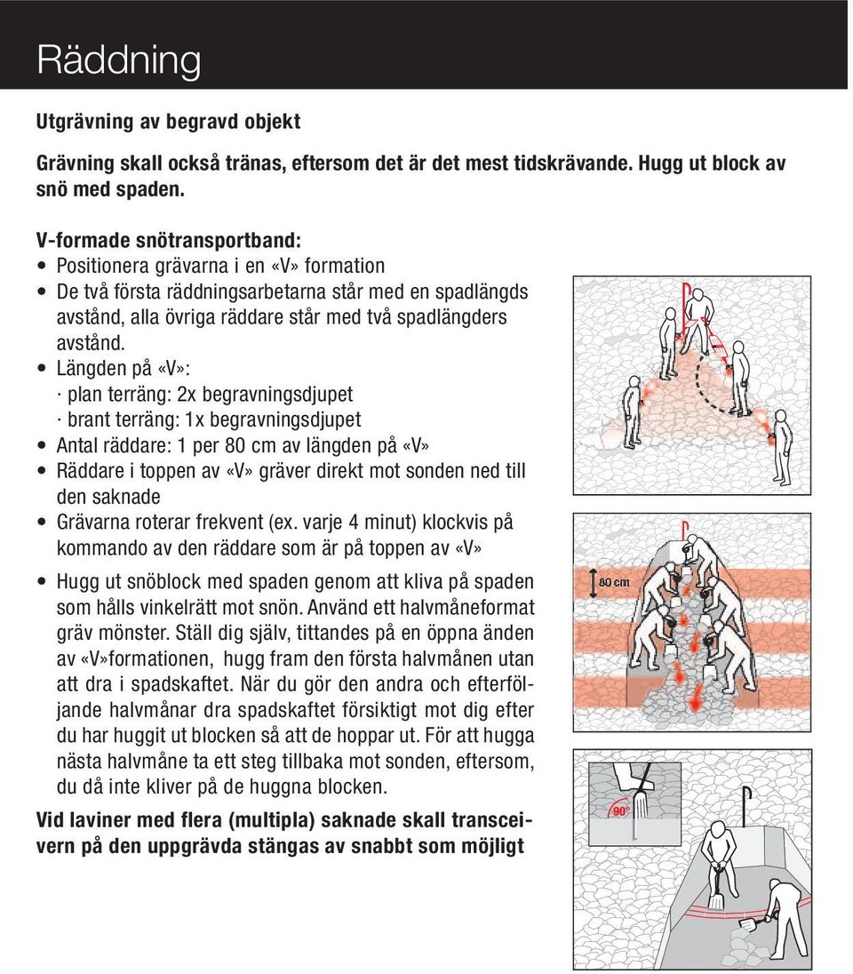 Längden på «V»: plan terräng: 2x begravningsdjupet brant terräng: 1x begravningsdjupet Antal räddare: 1 per 80 cm av längden på «V» Räddare i toppen av «V» gräver direkt mot sonden ned till den