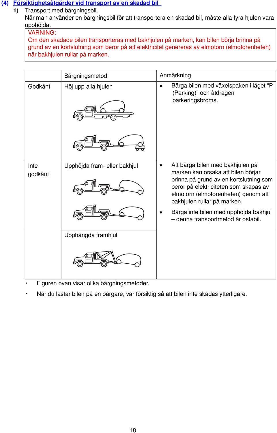 rullar på marken. Bärgningsmetod Anmärkning Godkänt Höj upp alla hjulen Bärga bilen med växelspaken i läget P (Parking) och åtdragen parkeringsbroms.