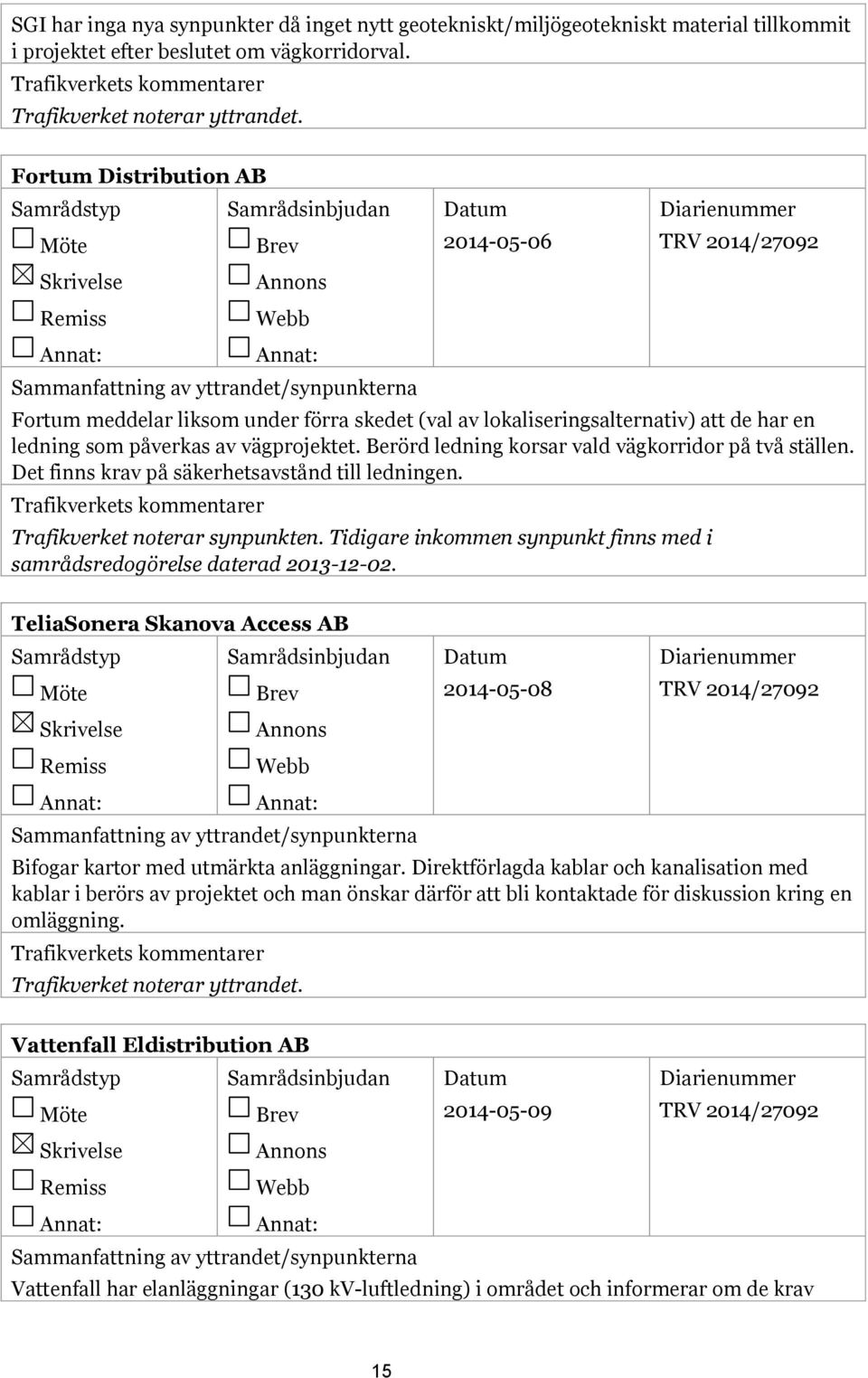 Berörd ledning korsar vald vägkorridor på två ställen. Det finns krav på säkerhetsavstånd till ledningen. Trafikverket noterar synpunkten.