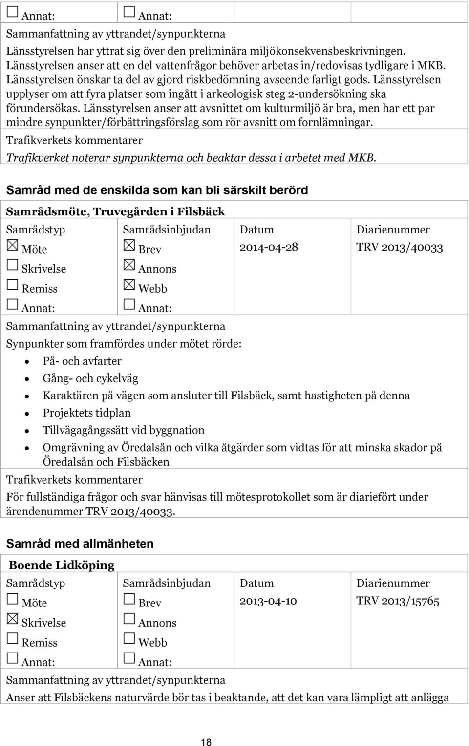 Länsstyrelsen anser att avsnittet om kulturmiljö är bra, men har ett par mindre synpunkter/förbättringsförslag som rör avsnitt om fornlämningar.