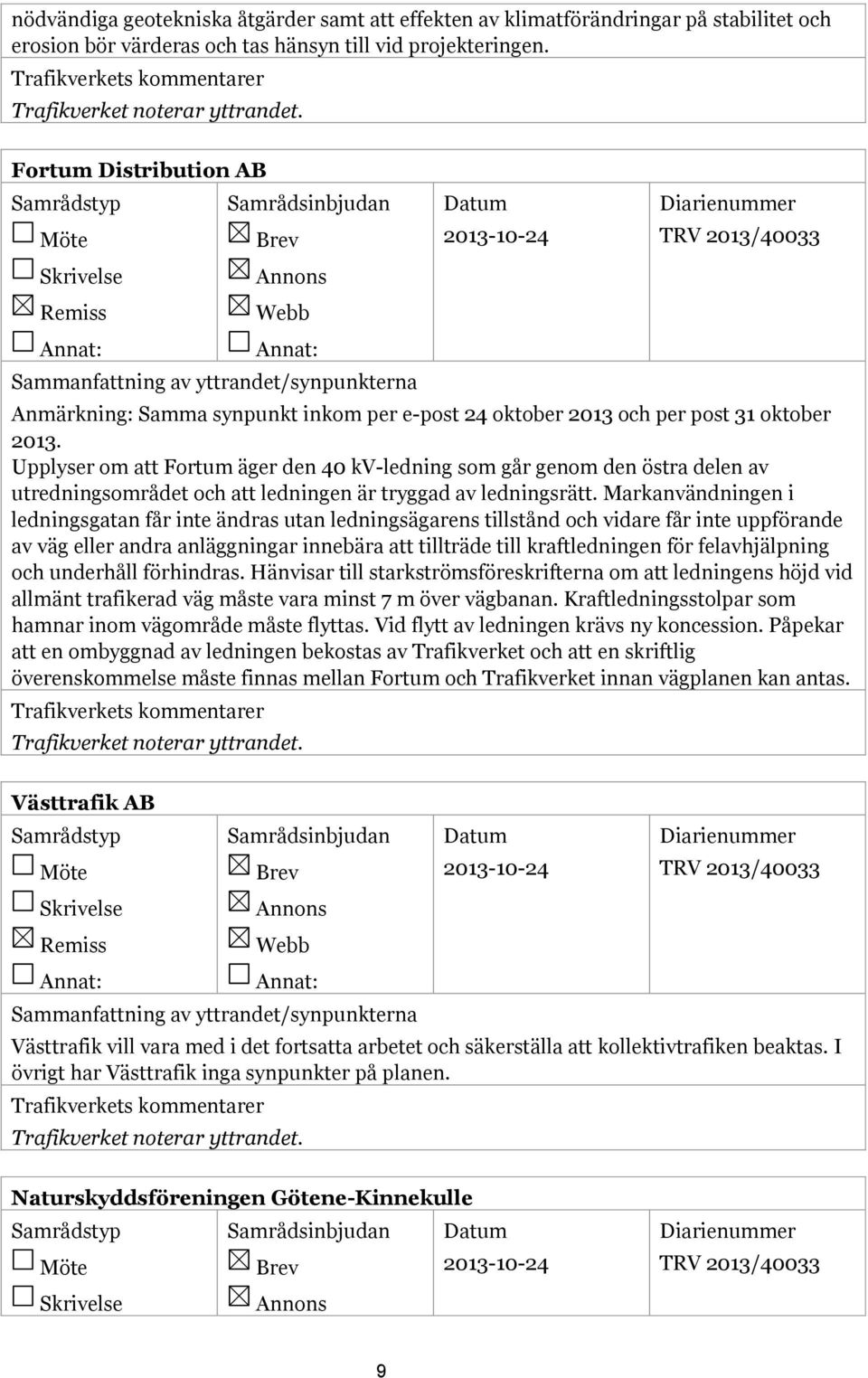 Upplyser om att Fortum äger den 40 kv-ledning som går genom den östra delen av utredningsområdet och att ledningen är tryggad av ledningsrätt.