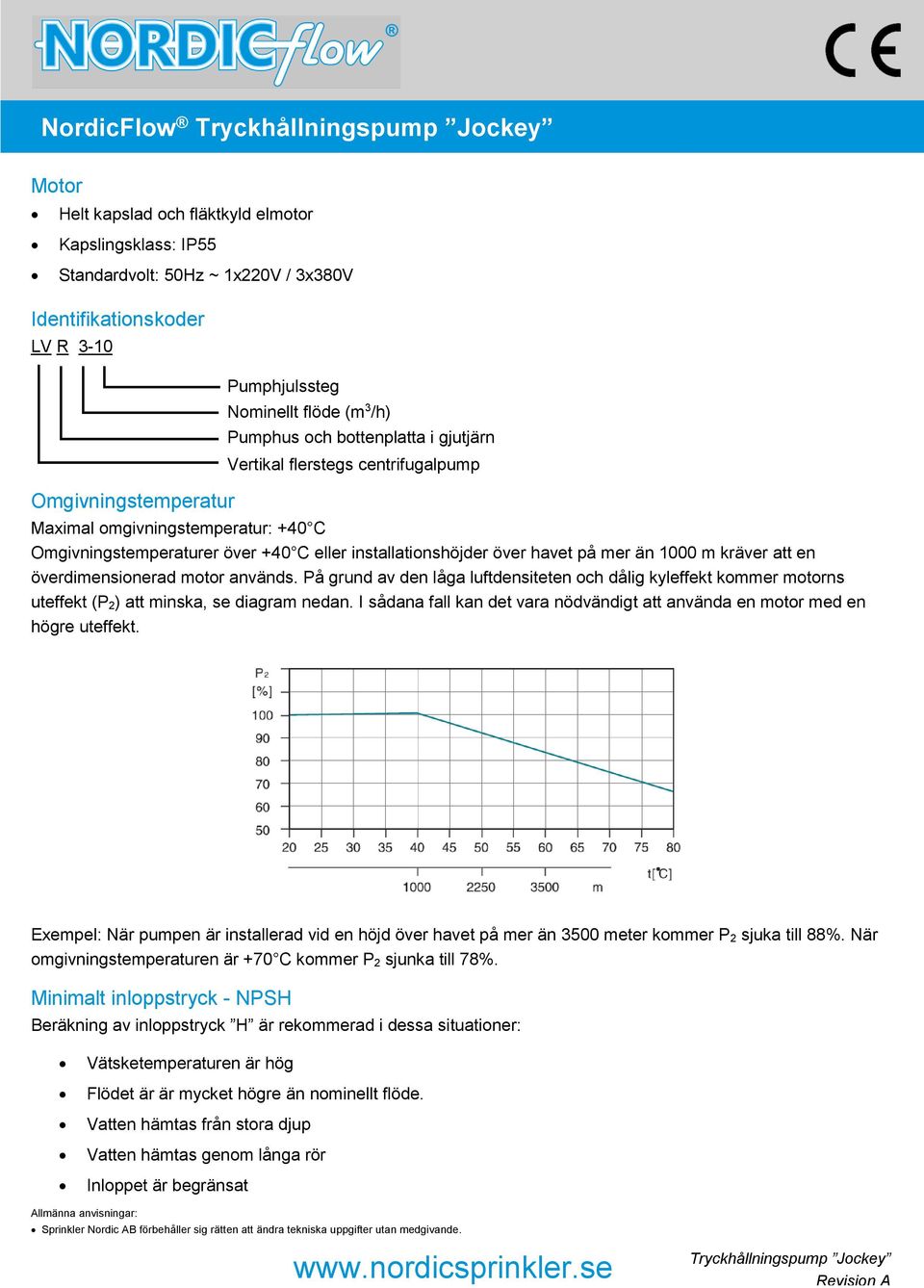 en överdimensionerad motor används. På grund av den låga luftdensiteten och dålig kyleffekt kommer motorns uteffekt (P 2) att minska, se diagram nedan.