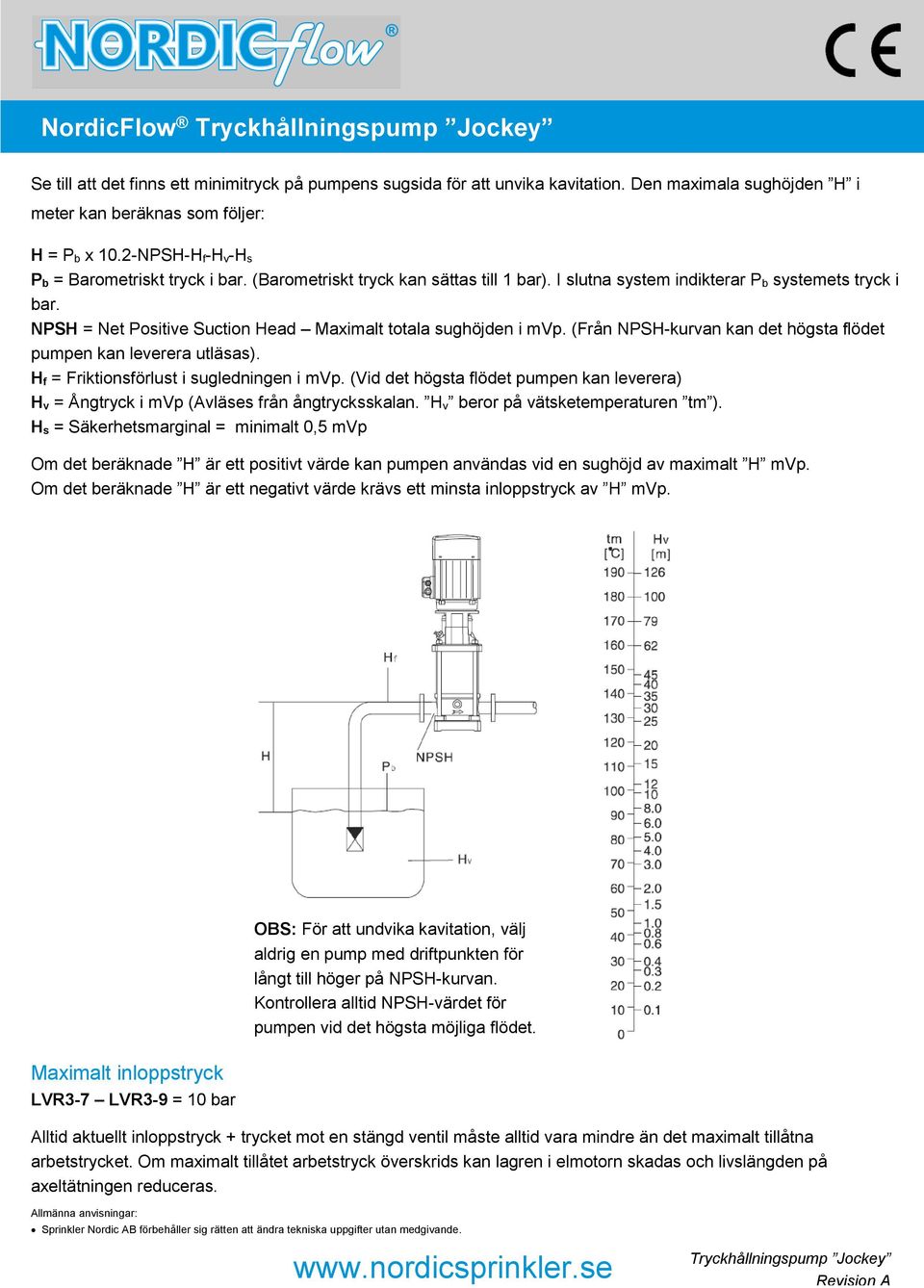 NPSH = Net Positive Suction Head Maximalt totala sughöjden i mvp. (Från NPSH-kurvan kan det högsta flödet pumpen kan leverera utläsas). H f = Friktionsförlust i sugledningen i mvp.