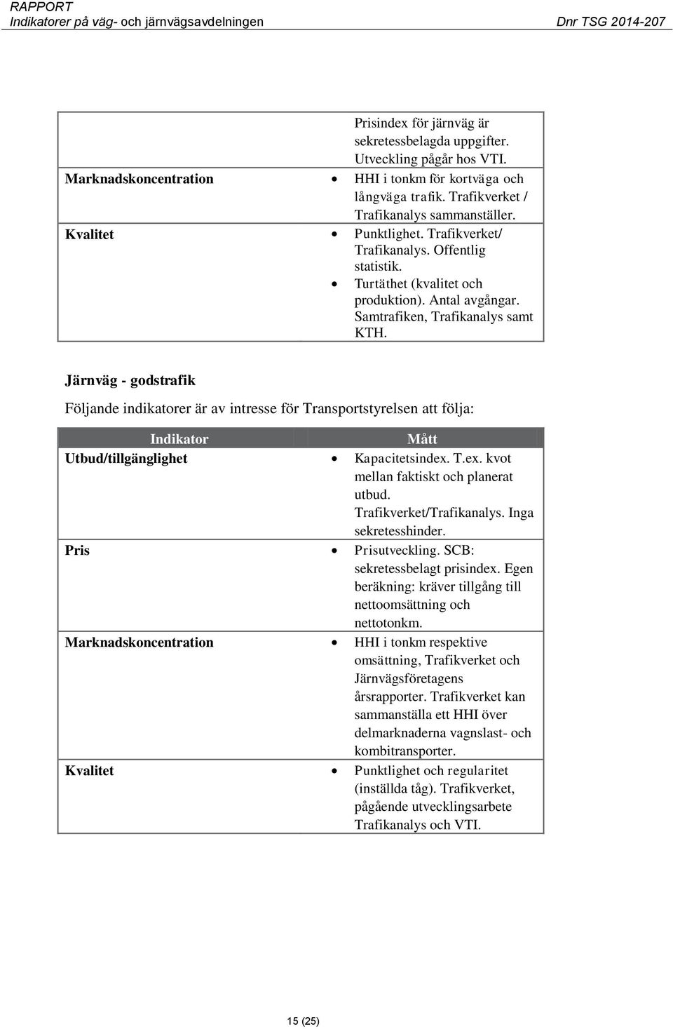 Järnväg - godstrafik Följande indikatorer är av intresse för Transportstyrelsen att följa: Indikator Mått Utbud/tillgänglighet Kapacitetsindex. T.ex. kvot mellan faktiskt och planerat utbud.