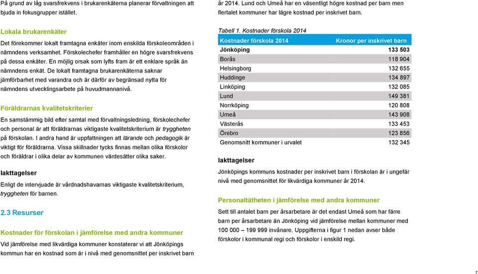 Lokala brukarenkäter Det förekommer lokalt framtagna enkäter inom enskilda förskoleområden i nämndens verksamhet. Förskolechefer framhåller en högre svarsfrekvens på dessa enkäter.