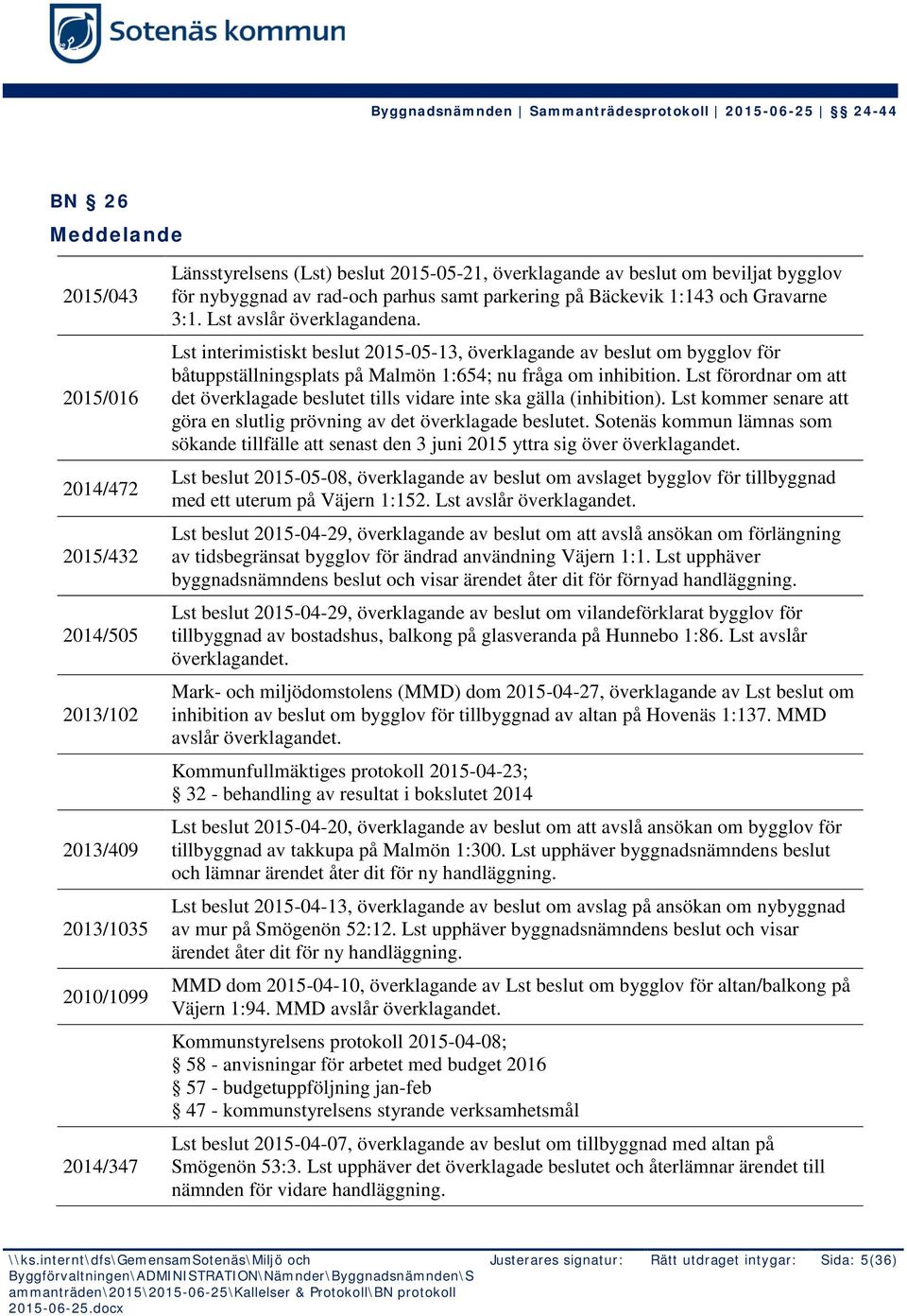 Lst interimistiskt beslut 2015-05-13, överklagande av beslut om bygglov för båtuppställningsplats på Malmön 1:654; nu fråga om inhibition.