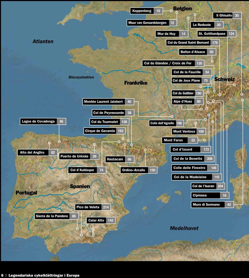 Montée Laurent Jalabert Col de Peyresourde Lagos de Covadonga 46 Col du Tourmalet 40 58 128 Colle dell Agnello 196 Cirque de Gavarnie 162 Mont Ventoux 100 Mont Faron Alto del Angliru 62 90 Alpe d