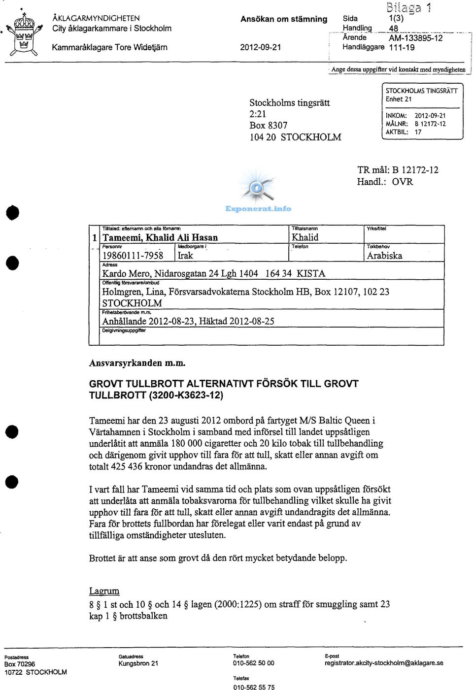 : OVR 1 Tilltalad: efternamn och alla förnamn Tilltalsnamn Tameemi, Khalid Ali Hasan Khalid Personnr Medborgare i Telefon 19860111-7958 Irak Adress Kardo Mero, Nidarosgatan 24 Lgh 1404 164 34 KISTA