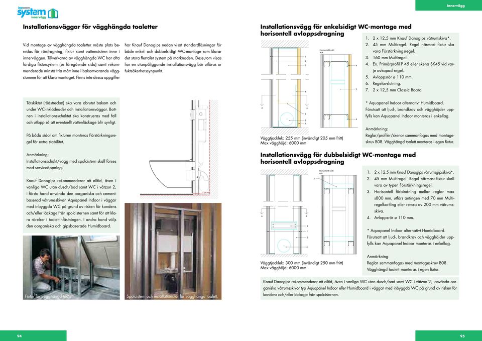 Tillverkarna av vägghängda WC har ofta färdiga fixtursystem (se föregående sida) samt rekommenderade minsta fria mått inne i bakomvarande väggstomme för att klara montaget.