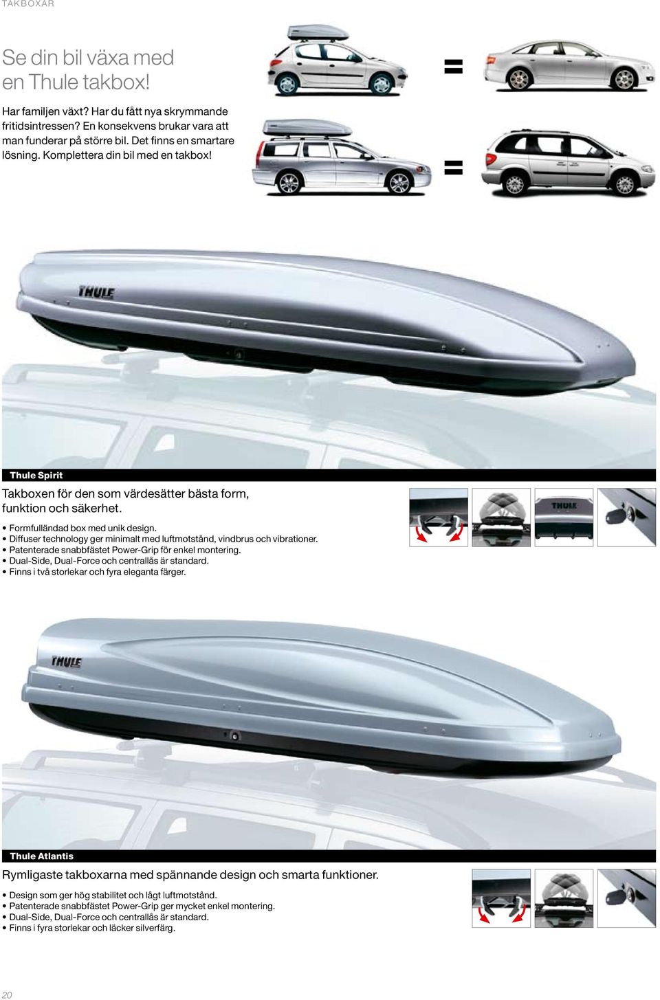 Diffuser technology ger minimalt med luftmotstånd, vindbrus och vibrationer. Patenterade snabbfästet Power-Grip för enkel montering. Dual-Side, Dual-Force och centrallås är standard.