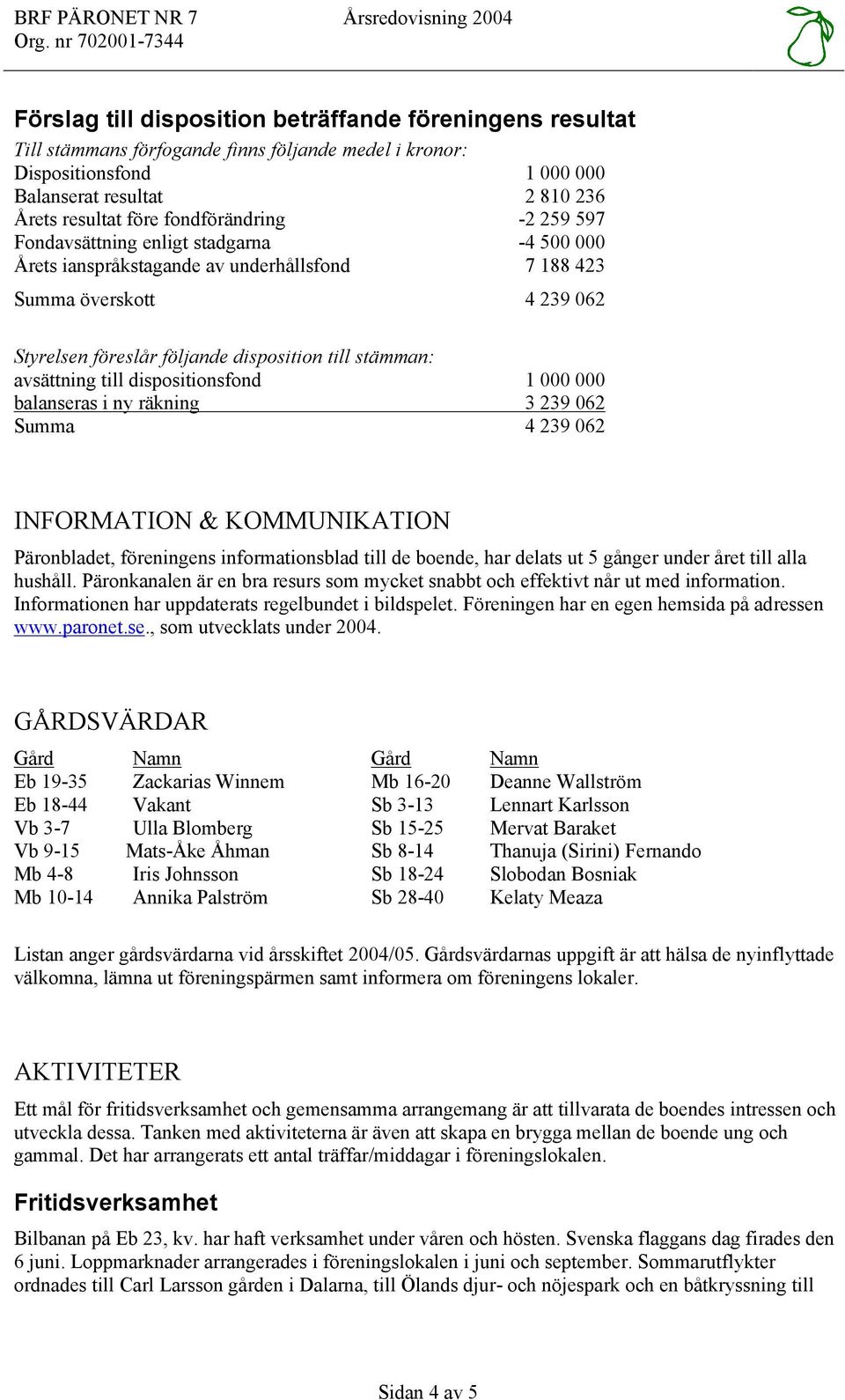 resultat före fondförändring -2 259 597 Fondavsättning enligt stadgarna -4 500 000 Årets ianspråkstagande av underhållsfond 7 188 423 Summa överskott 4 239 062 Styrelsen föreslår följande disposition