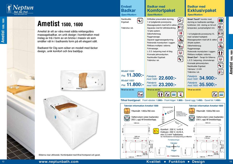 Modell 1500 Pris: 11.300:- Modell 1600 Pris: 11.800:- Driftsäker pneumatisk styrning. 1 st tystgående powerpump. Separata vred för luftinblandning. 12-jets system. Separat ryggmassagestyrning.