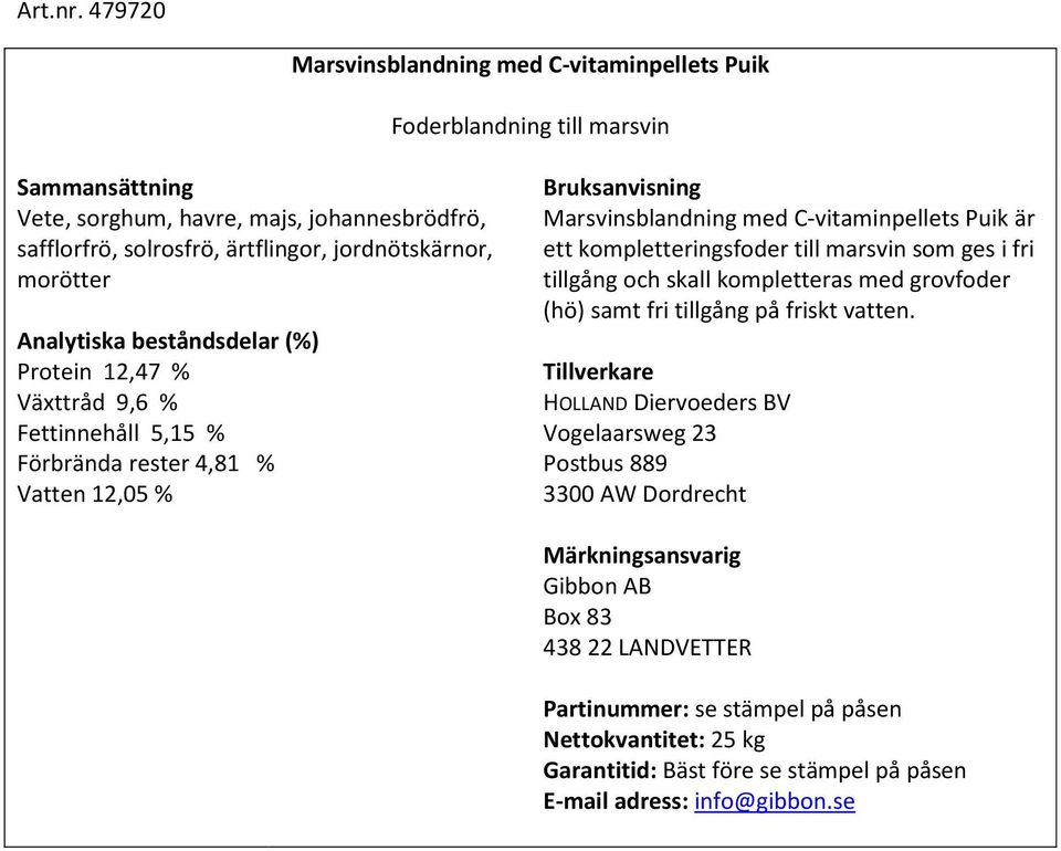 johannesbrödfrö, safflorfrö, solrosfrö, ärtflingor, jordnötskärnor, morötter Protein 12,47 % Växttråd 9,6 %