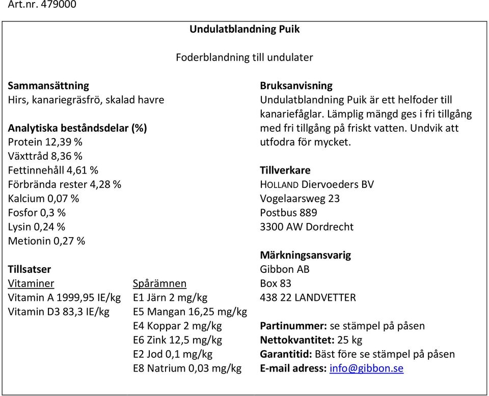 Förbrända rester 4,28 % Kalcium 0,07 % Fosfor 0,3 % Lysin 0,24 % Metionin 0,27 % Tillsatser Vitaminer Vitamin A 1999,95 IE/kg Vitamin D3 83,3