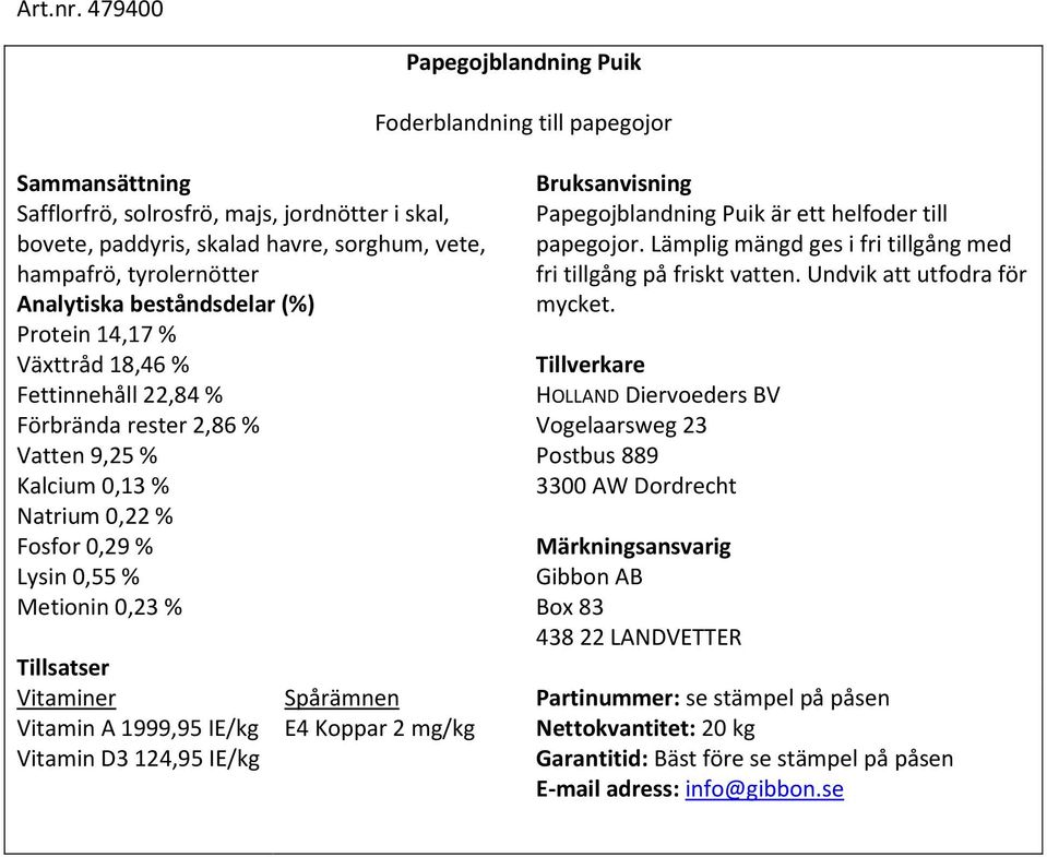 hampafrö, tyrolernötter Protein 14,17 % Växttråd 18,46 % Fettinnehåll 22,84 % Förbrända rester 2,86 % Vatten 9,25 % Kalcium 0,13 % Natrium 0,22 % Fosfor