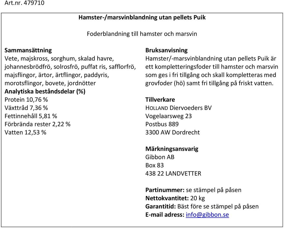 johannesbrödfrö, solrosfrö, puffat ris, safflorfrö, majsflingor, ärtor, ärtflingor, paddyris, morotsflingor, bovete, jordnötter Protein 10,76 %