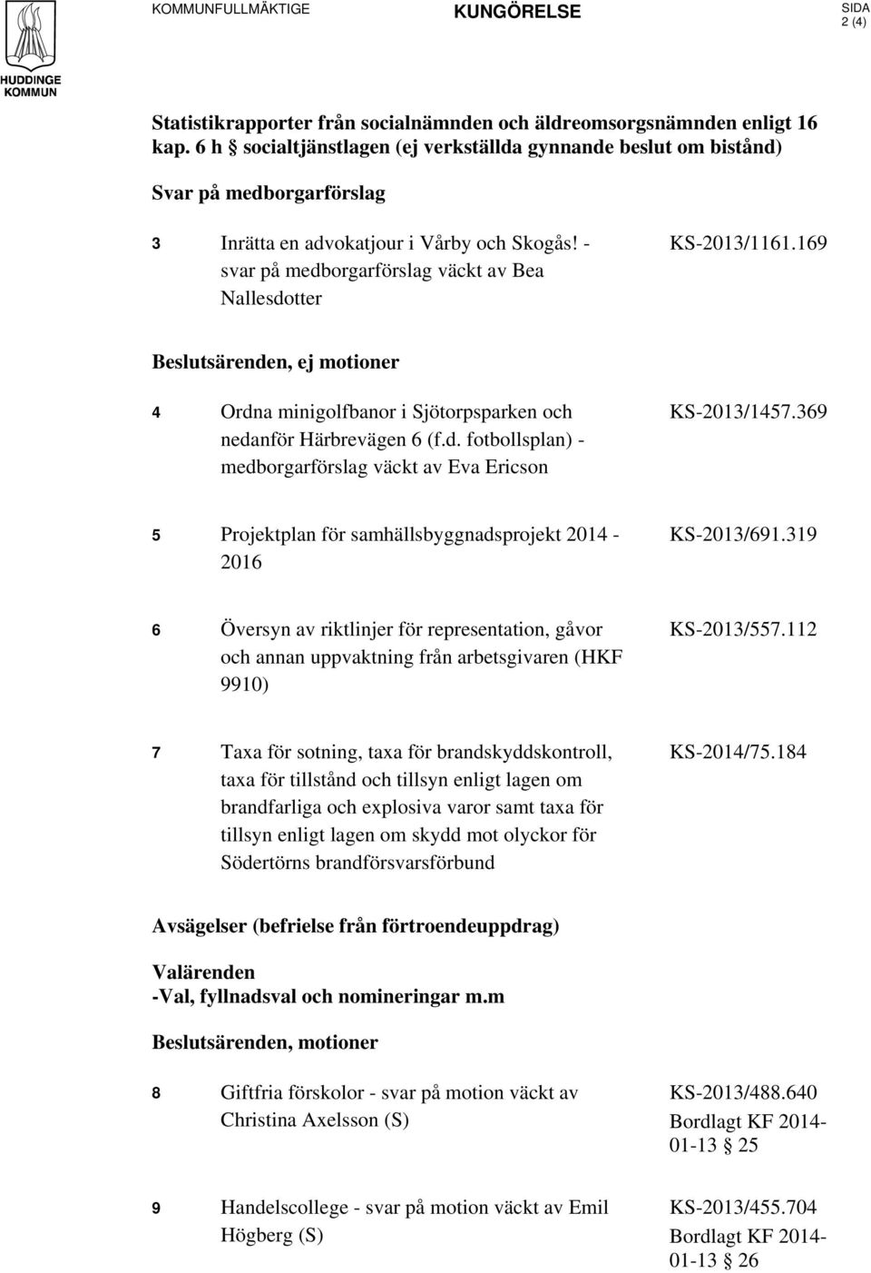 - svar på medborgarförslag väckt av Bea Nallesdotter KS-2013/1161.169 Beslutsärenden, ej motioner 4 Ordna minigolfbanor i Sjötorpsparken och nedanför Härbrevägen 6 (f.d. fotbollsplan) - medborgarförslag väckt av Eva Ericson KS-2013/1457.