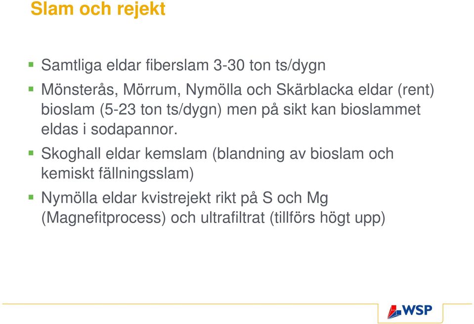 Skoghall eldar kemslam (blandning av bioslam och kemiskt fällningsslam) Nymölla eldar kvistrejekt