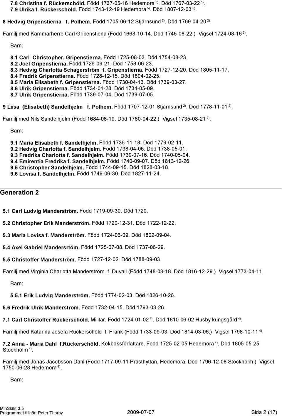 Född 1725-08-03. Död 1754-08-23. 8.2 Joel Gripenstierna. Född 1726-09-21. Död 1758-06-23. 8.3 Hedvig Charlotta Schagerström f. Gripenstierna. Född 1727-12-20. Död 1805-11-17. 8.4 Fredrik Gripenstierna.