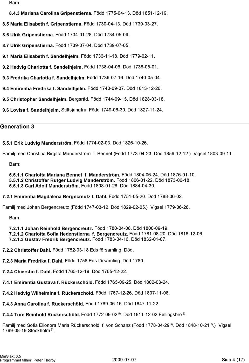 Sandelhjelm. Född 1739-07-16. Död 1740-05-04. 9.4 Emirentia Fredrika f. Sandelhjelm. Född 1740-09-07. Död 1813-12-26. 9.5 Christopher Sandelhjelm. Bergsråd. Född 1744-09-15. Död 1828-03-18. 9.6 Lovisa f.