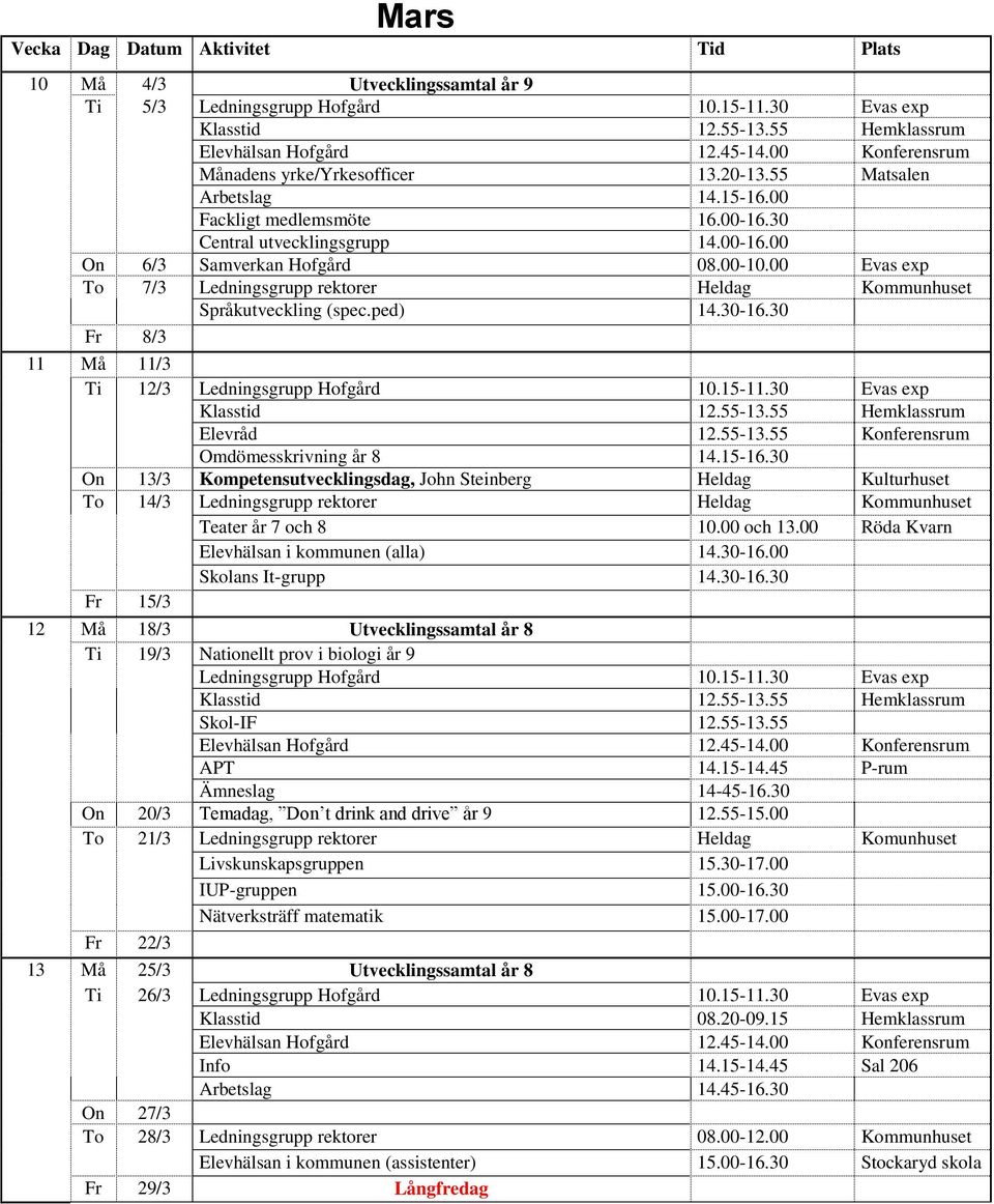 30 On 13/3 Kompetensutvecklingsdag, John Steinberg Heldag Kulturhuset To 14/3 Ledningsgrupp rektorer Heldag Kommunhuset Teater år 7 och 8 10.00 och 13.00 Röda Kvarn Elevhälsan i kommunen (alla) 14.
