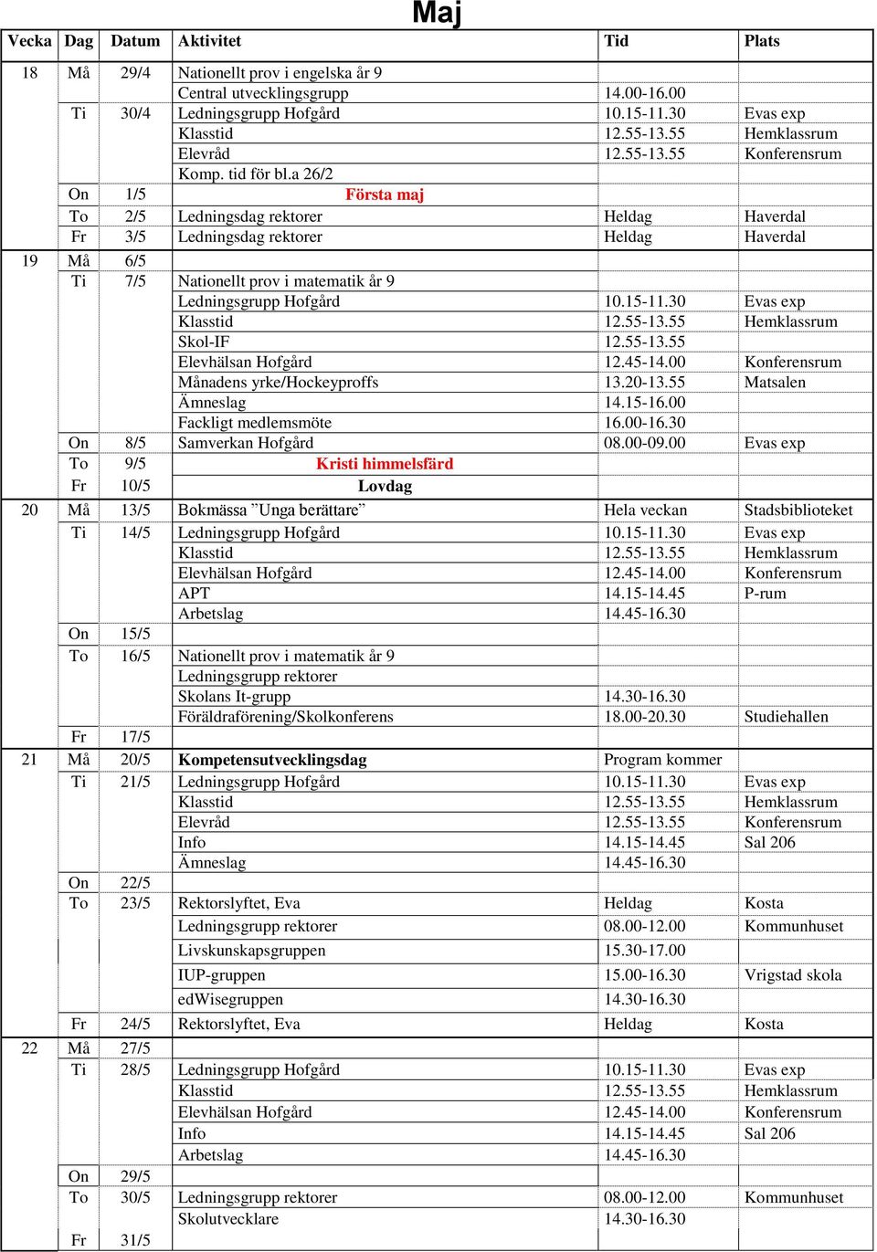 55 Matsalen Ämneslag 14.15-16.00 Fackligt medlemsmöte 16.00-16.30 On 8/5 Samverkan Hofgård 08.00-09.