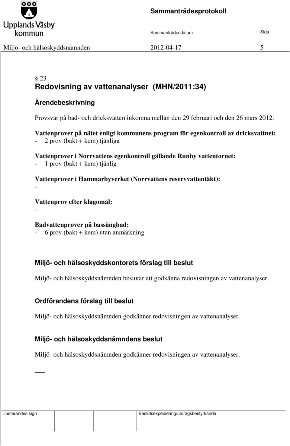 kem) tjänlig Vattenprover i Hammarbyverket (Norrvattens reservvattentäkt): - Vattenprov efter klagomål: - Badvattenprover på bassängbad: - 6 prov (bakt + kem) utan anmärkning Miljö- och