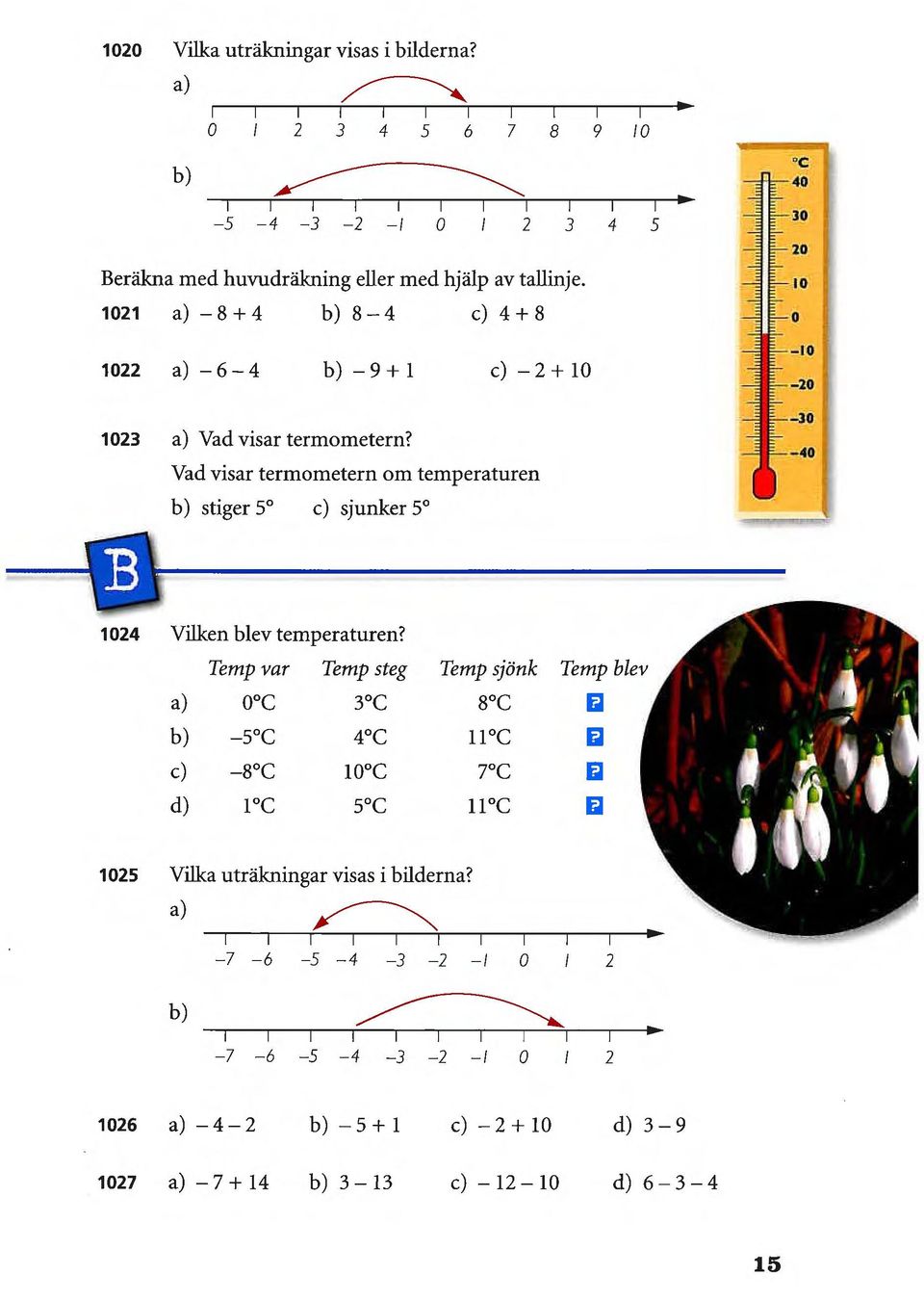 1021 a) 8+4 b) 8 4 c) 4 + 8 1022 a) 6-4 b) 9+1 c) 2+ 10 1023 a) Vad visar termometern?