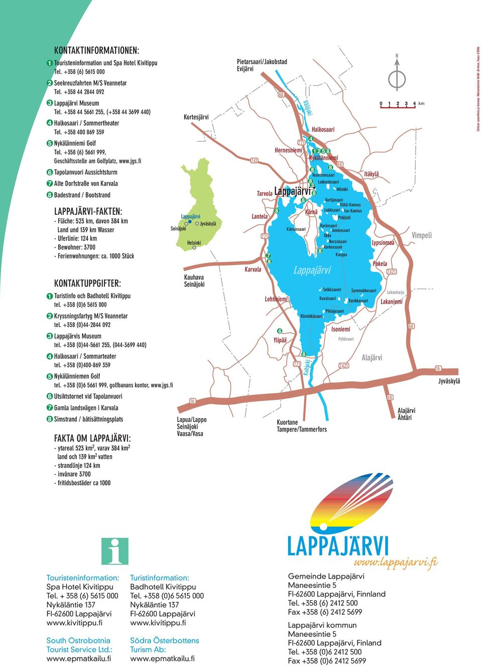 fi 6 Tapolanvuori Aussichtsturm 7 Alte Dorfstraße von Karvala 8 Badestrand / Bootstrand LAPPAJÄRVI-FAKTEN: - Fläche: 523 km, davon 384 km Land und 139 km Wasser - Uferlinie: 124 km - Bewohner: 3700 -