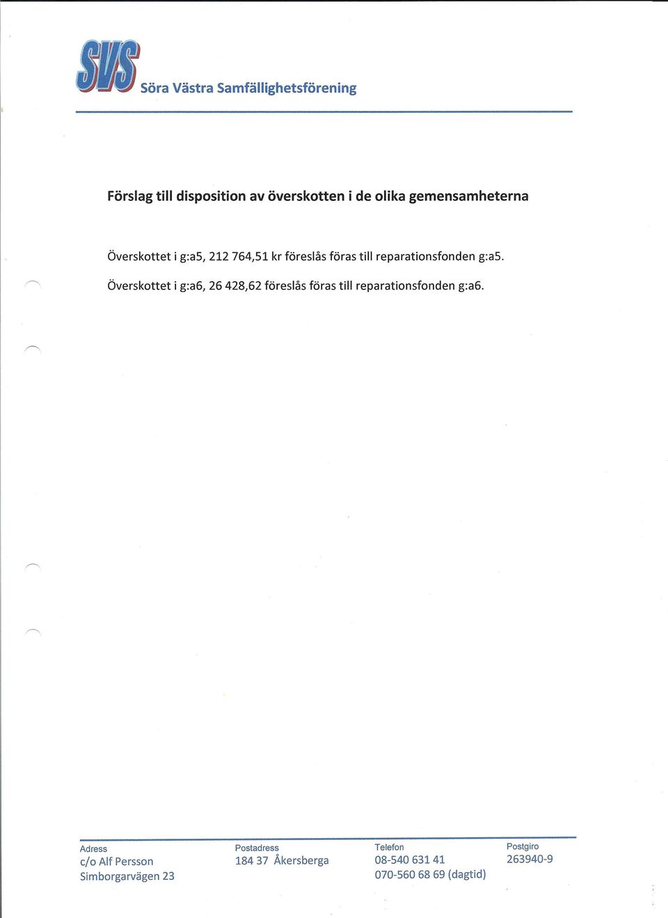 Överskottet i g:a6, 26428,62 föreslås föras till reparationsfonden g:a6.