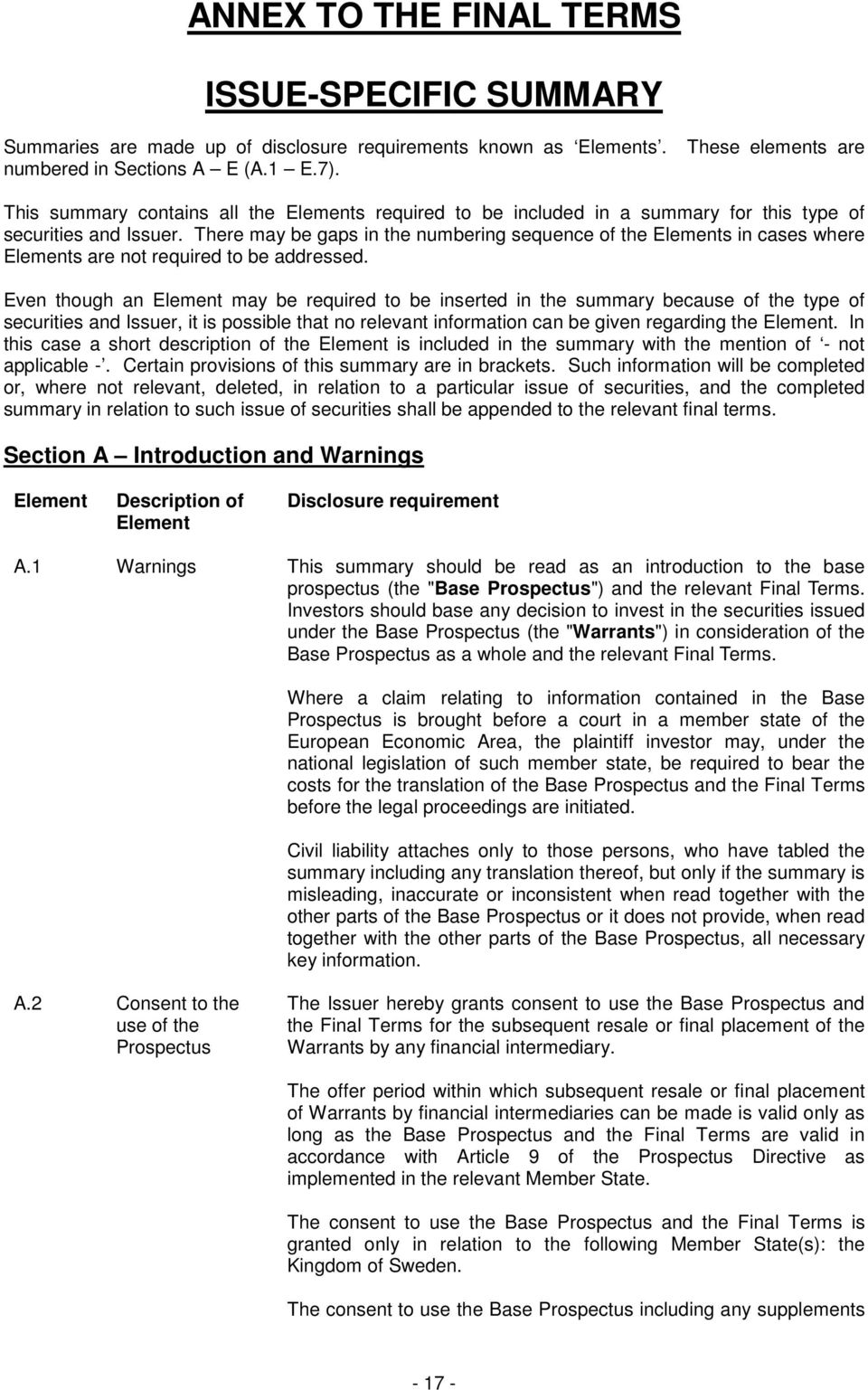 There may be gaps in the numbering sequence of the Elements in cases where Elements are not required to be addressed.