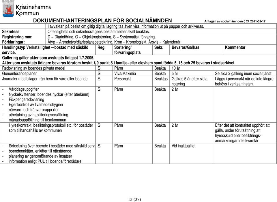 SOCIALNÄMNDEN Antagen av socialnämnden 24 2011-02-17 I avvaktan på beslut om giltig digital lagring tas även viss information ut på papper och arkiveras.