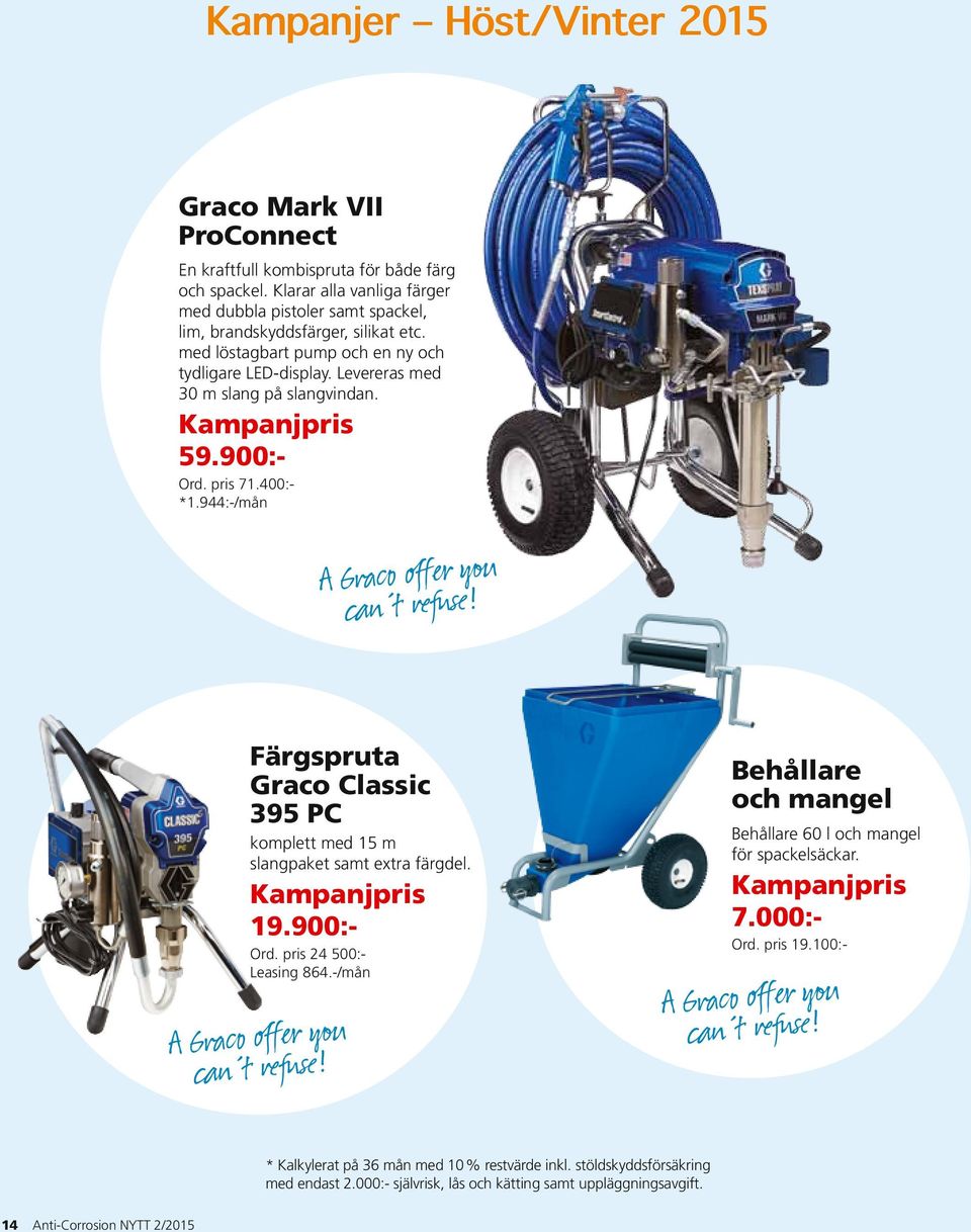 Kampanjpris 59.900:- Ord. pris 71.400:- *1.944:-/mån A Graco offer you can t refuse! Färgspruta Graco Classic 395 PC komplett med 15 m slangpaket samt extra färgdel. Kampanjpris 19.900:- Ord. pris 24 500:- Leasing 864.