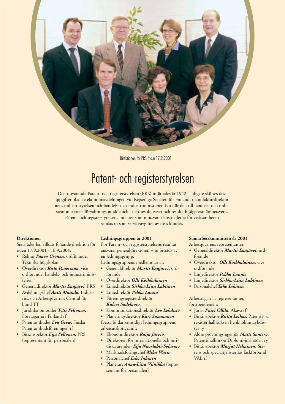 Patent- och registerstyrelsens intäkter som motsvarar kostnaderna för verksamheten samlas in som serviceavgifter av dess kunder. Direktionen Statsrådet har tillsatt följande direktion för tiden 17.9.