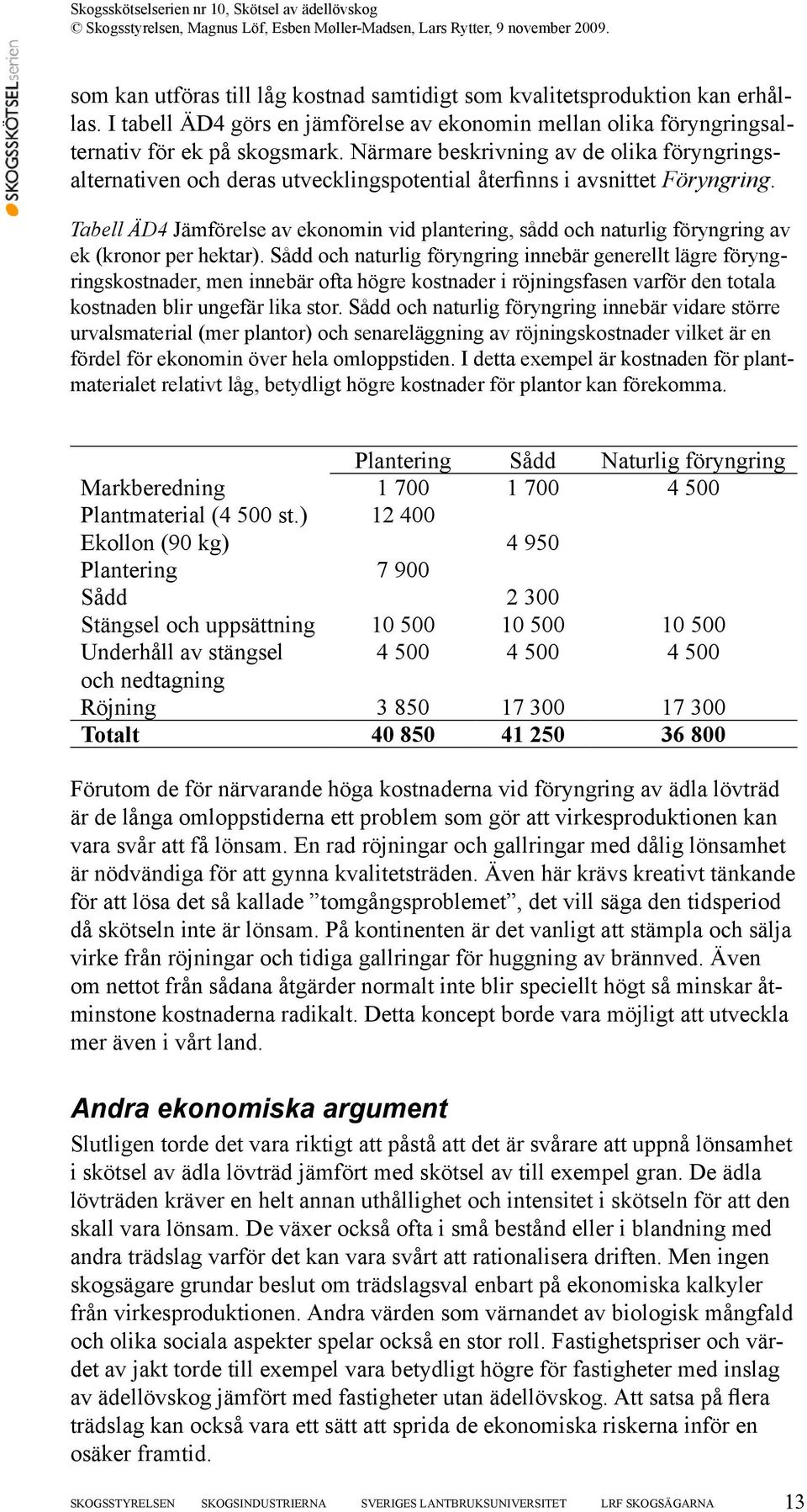 Tabell ÄD4 Jämförelse av ekonomin vid plantering, sådd och naturlig föryngring av ek (kronor per hektar).